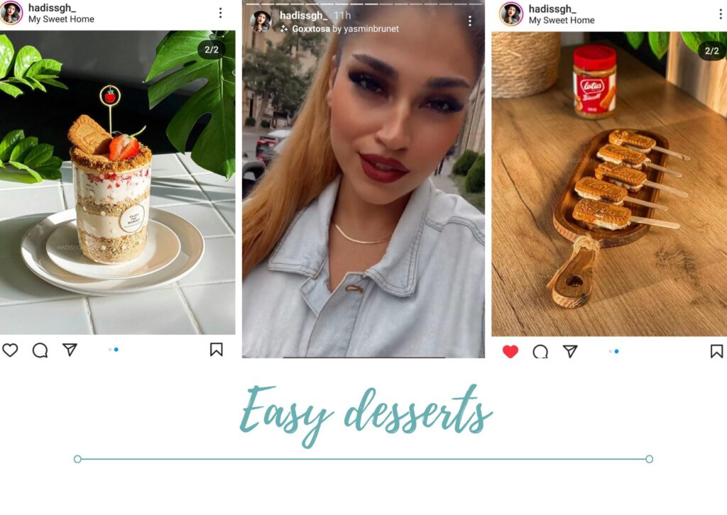 Photo collage with pictures from an Iranian Instagram account about easy desserts