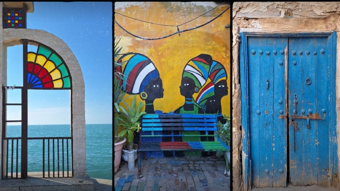 The image consists of 3 photos side by side: an old wooden door, a wall painting of 2 women and a structure similar to an old window with the sea behind it,