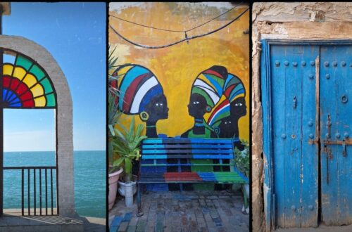 The image consists of 3 photos side by side: an old wooden door, a wall painting of 2 women and a structure similar to an old window with the sea behind it,